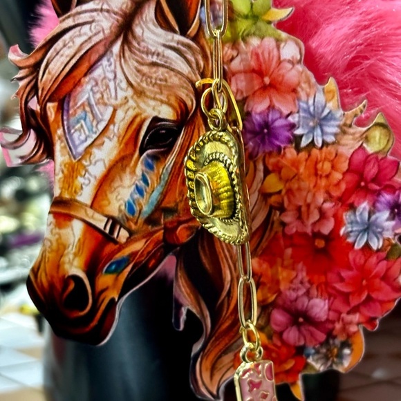 Pink and Gold bag charm with a western style horse Bow and Pom-Pom Charm - Picture 2 of 6